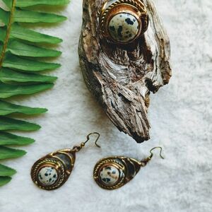 Artisan Made Mixed Metal And Dalmatian Jasper Dangle Earring And Ring Set, Boho
